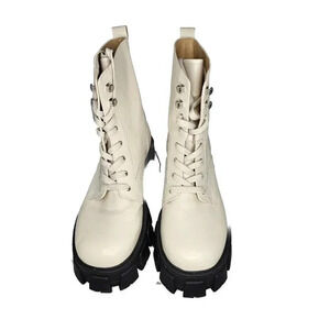 MARC FISHER LTD Womens Lace Up Grain Leather Ankle Combat Boots White Size 9.5